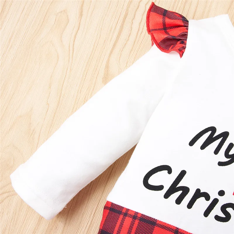 

Newborn Baby Christmas Romper with Ruffle Infant Letter Plaid Print Long Sleeve Jumpsuit for Winter Fall