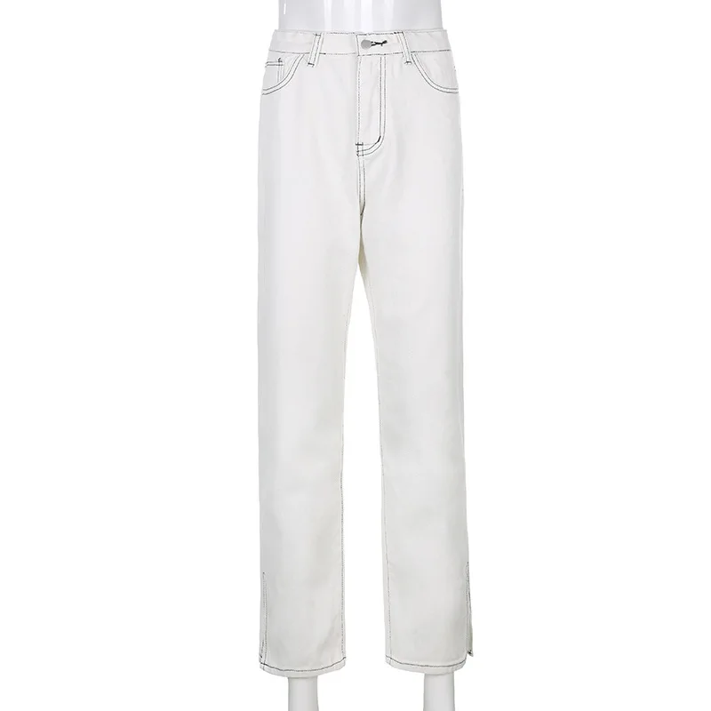 

2020 New Arrivals Woman High Waist Ladies Jeans Split White Solid Loose Sexy High Street Denim Skinny Stright Pants