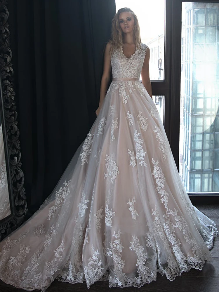 Лори Кружева Свадебные платья Бохо 2019 без рукавов цвета шампанского тюлевые