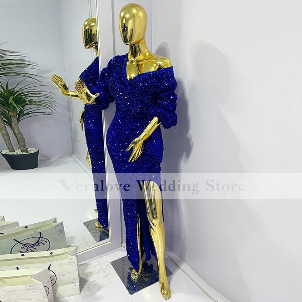 

Royal Blue Prom Dress Mermaid 2022 Long Sleeves V Neck Split robe de soirée femme bleu African Evening Dress