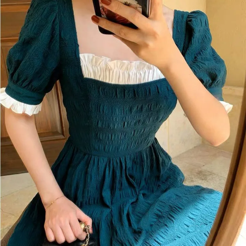 

French Retro Long Fairy Dress Women Blue Square Collar Female Puff Sleeve Elegant Dress 2021 Summer Ladies Wedding Party Clothes