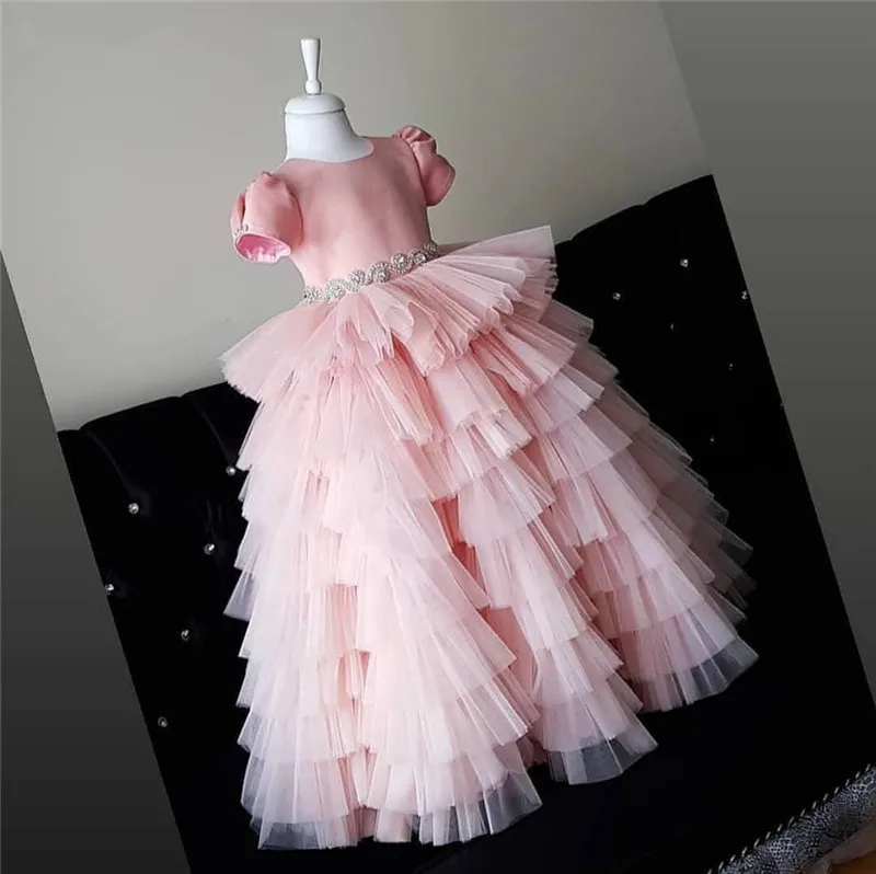 Платье для маленьких девочек розовое платье первого Связь плиссированное с