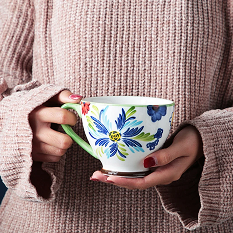 

480ml Milk Breakfast Cup Oatmeal Mugs Women's Large Capacity Microwave Oatmeal Cup Hand-Made Ceramic Painted Mug American Style