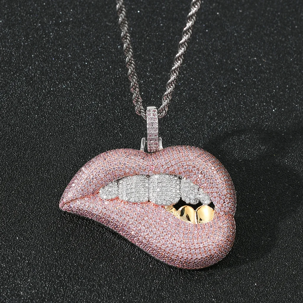 

New Sexy Lip-biting Hip-hop Pendant Is Slightly Set with Pink Zircon Personality Hipp Accessories