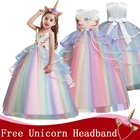Детское платье с единорогом, с цветами, бисером, для девочек, вечерние свадебные платья, одежда для детей, вечерние платья на день рождения, костюм принцессы
