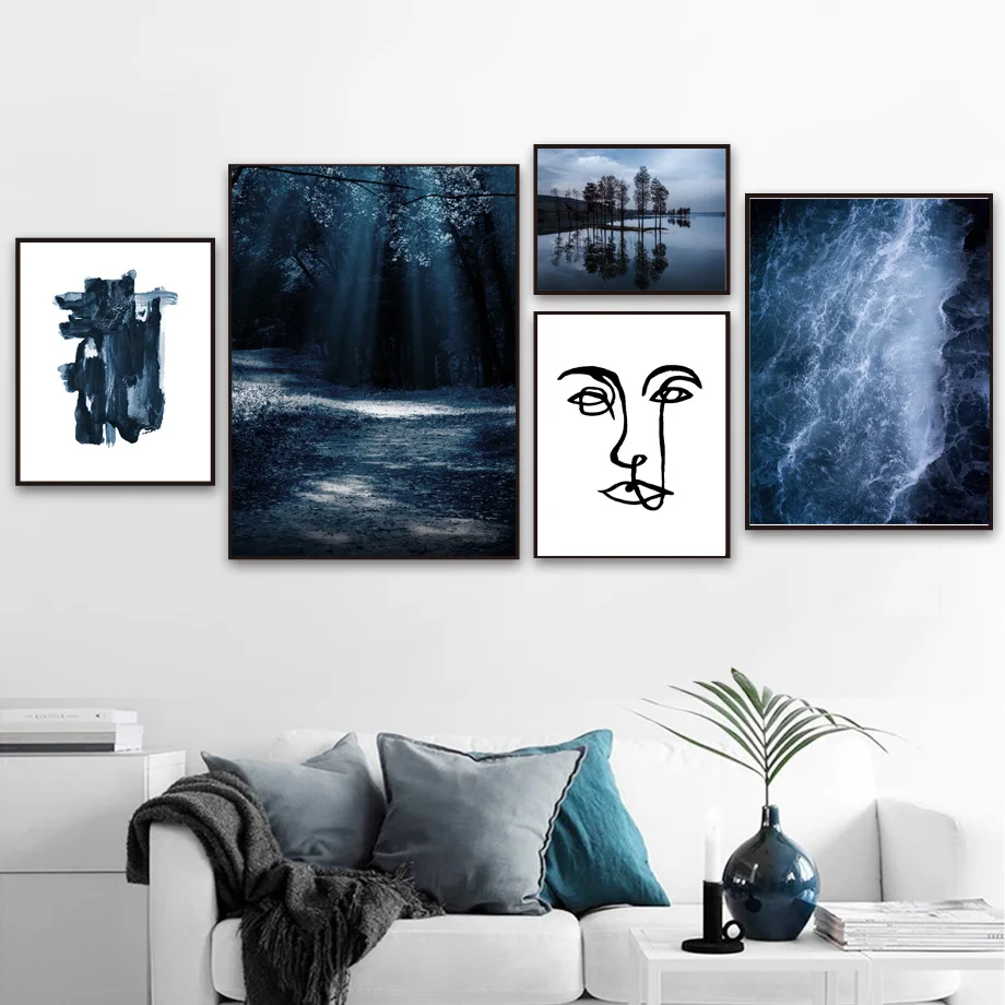 Абстрактная линия лица лес озеро морские волны настенная живопись холст