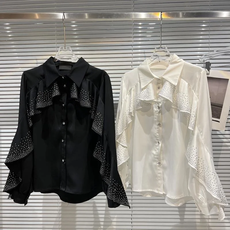 

PREPOMP 2022 Spring New Arrival Long Sleeve Turn Down Collar Diamonds Ruffles Casual Shirt Women GD514