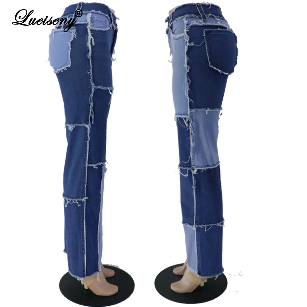 

LUEISENY Patchwork High Waist Straight Denim Pants Women Casual Skinny Ripped Jeans Capris Pocket Long Trousers Lady Streetwear