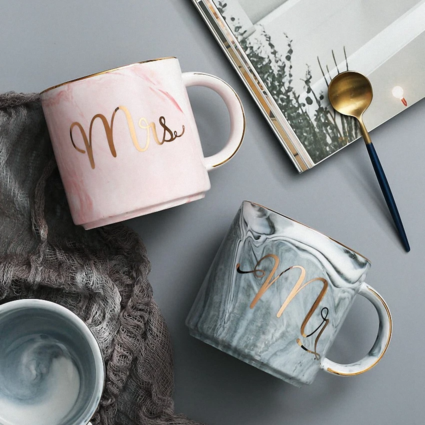 Marble Ceramic Mug Handpainted Gold Monogram Natural Marble Porcelain Coffee Mug Pink Gold Inlay Cup Creative Wedding Gift