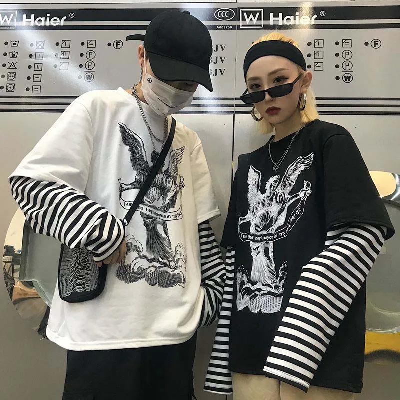 NiceMix Harajuku футболка женская поддельная 2 шт. принт японский Fujiang Ужасы комиксы длинный рукав рубашка Женская Vetement Femme