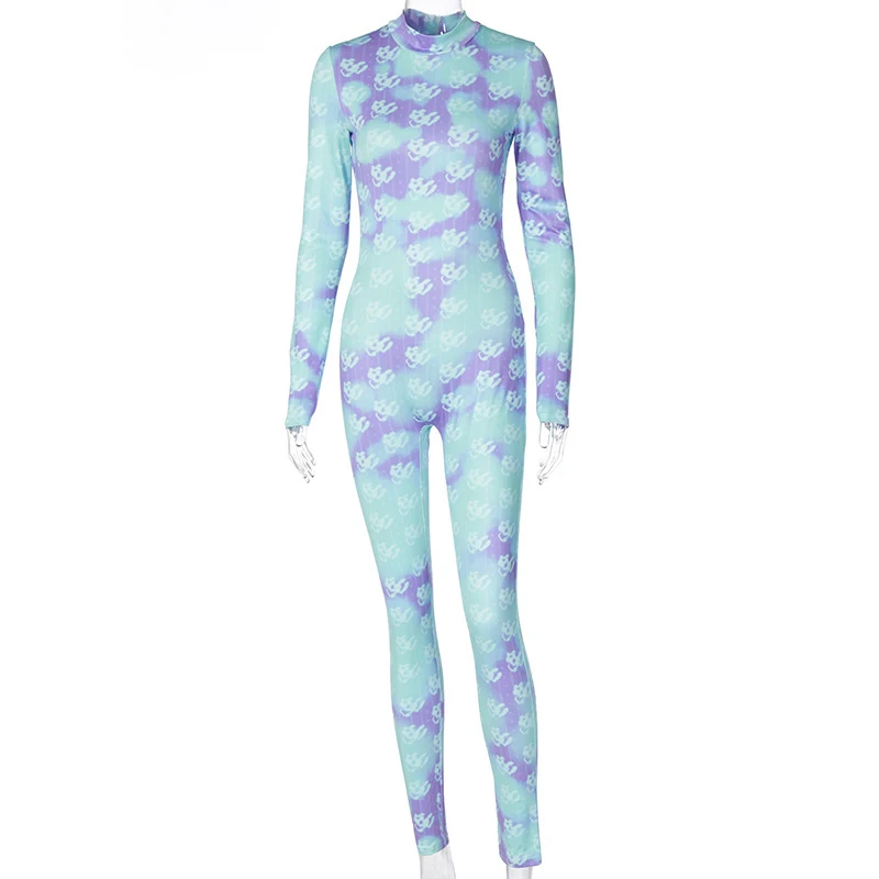 

Skinny Jumpsuit For Women Stand Collar Long Sleeve Print Hit Color Slim Casual Jumpsuits Female Summer New Clothes Tide K587