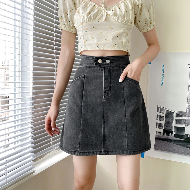 

Мини-юбка Ailegogo женская джинсовая трапециевидная, винтажная короткая из денима с эффектом потертости, на пуговицах, в стиле ретро, на лето