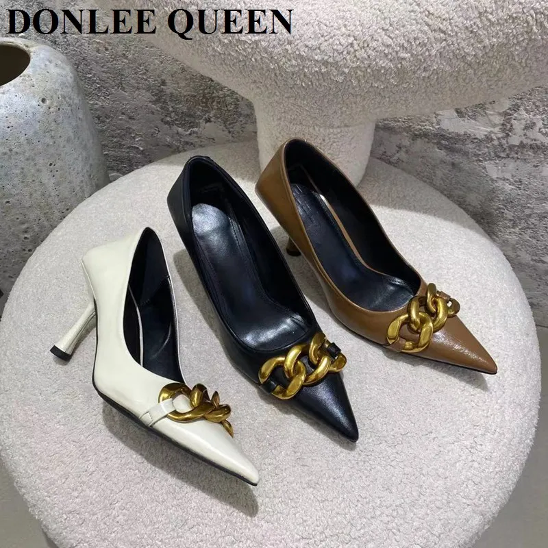 

Женские туфли-лодочки с острым носком, на тонком высоком каблуке, вечерние металлической цепочкой