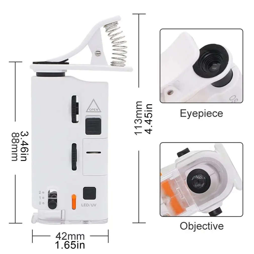 

60X-100X Mini Microscope Portable Universal Clip Microscope LED Smartphone Microscope Magnifying Glass UV Light Magnifiers