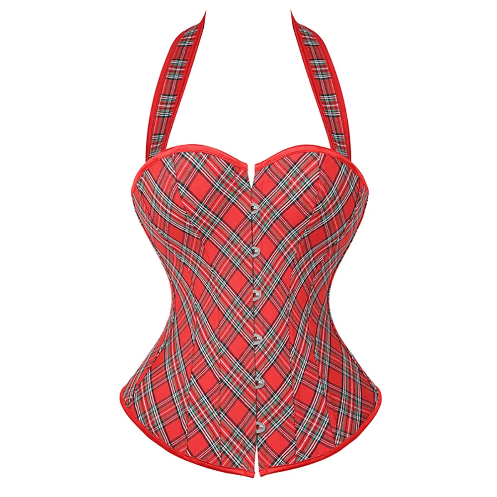

Womens Sexy Red Plaid Corset Halter Overbust Corset Bustier Corselet With Straps Waist Cincher Lingerie Plus Size S-6XL