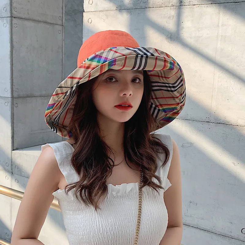 

Summer Women Plaid Sun Hat Female Big Wide Brim Cotton Beach Sun Floppy Hats Flat Caps Bob Chapeau Gorras
