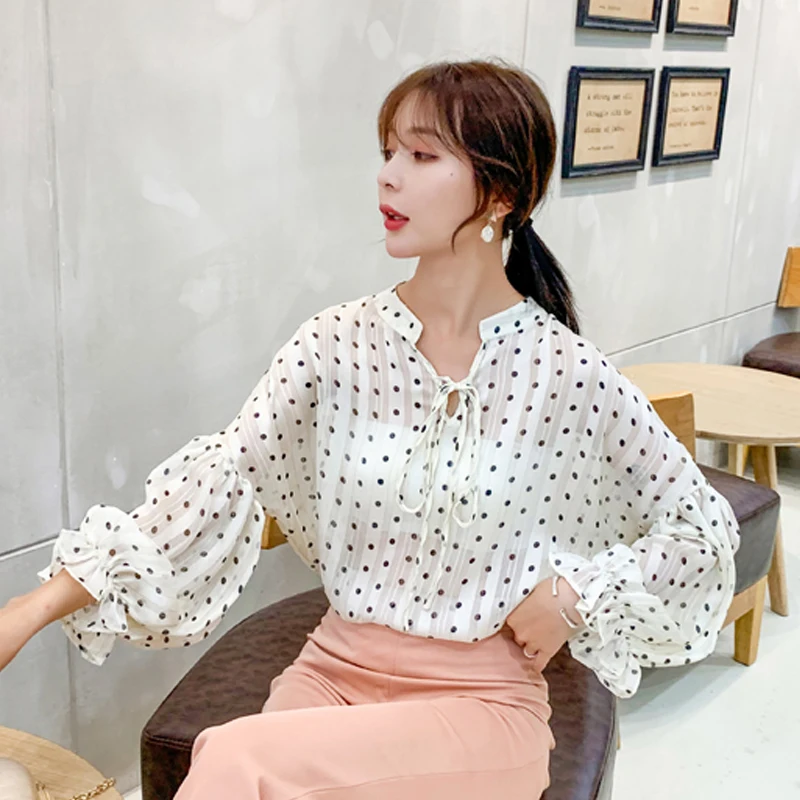 

2019 Autumn New Fashion Casual Women Clothing Plus Size Long Sleeve Party Chiffon Polka Dot Women Tops Women Blouse 5319 50