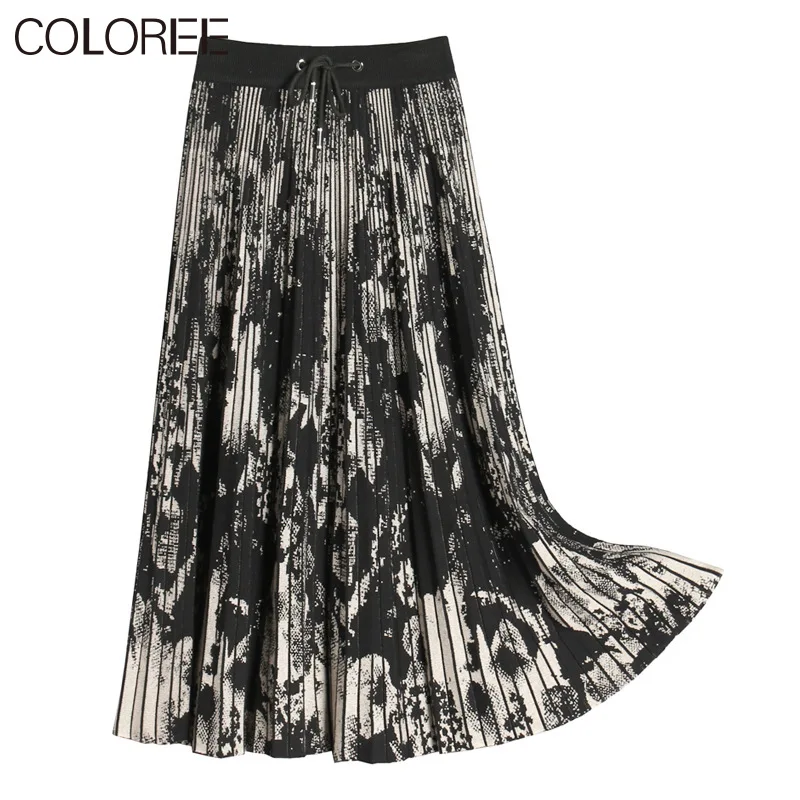 Vintage Black Floral Printed Knitted Woman Skirt 2021 Autumn Winter High Waist A-line Midi Skirts Womens | Женская одежда