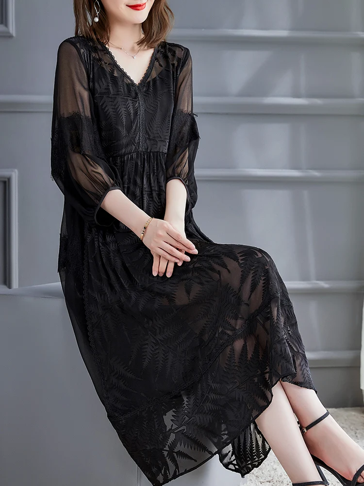 

Корейское модное летнее платье 2021 шелковое черное платье женские длинные платья для женщин Повседневное платье из двух частей Pph4807