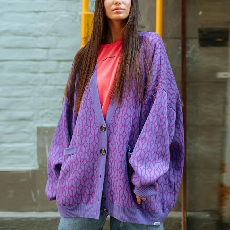 Women's Diamond Pattern Knit Cardigan Female Fashion V Neck Single Breasted Buttons Loose Casual Knitted Sweater 2021 Autumn |