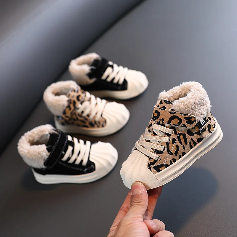 

Children Boots Leopard Print New Fashion Girls Martin Boot Boys Toddler Baby Warm Casual Sneakers Kids Winter Plush Ankle Boots