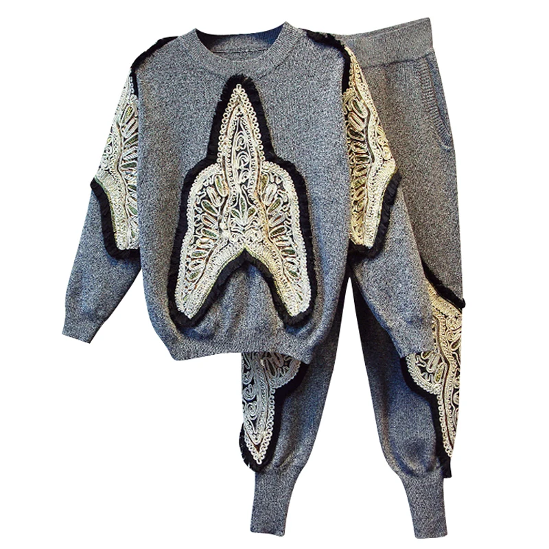 

STREET New HIGH Stylish 2021 Runway Suit Set Women's O-Neck long sleeve Tassel Embroidery knitting top Sweater Pants Set