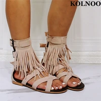 kolnoo handmade retro womens flat sandals fringedtassel buckle straps back to school summer shoes daily wear fashion prom shoes