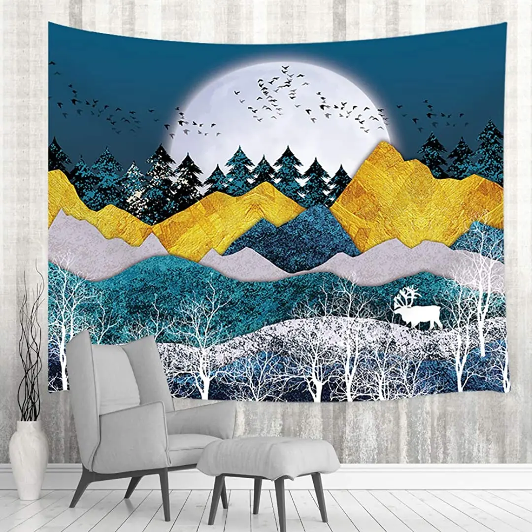 

Mountain Tapestry Wall Hanging, Forest Animal Nature Small Tapestry, Moon Tapestry Decor for Bedroom Living Room Dorm
