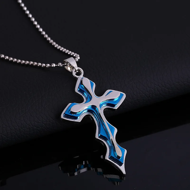 

Fashion Stainless Steel Cross Blue Silver Color Necklace For Women Men Vintage Chain Pendant Long Necklaces Jewelry