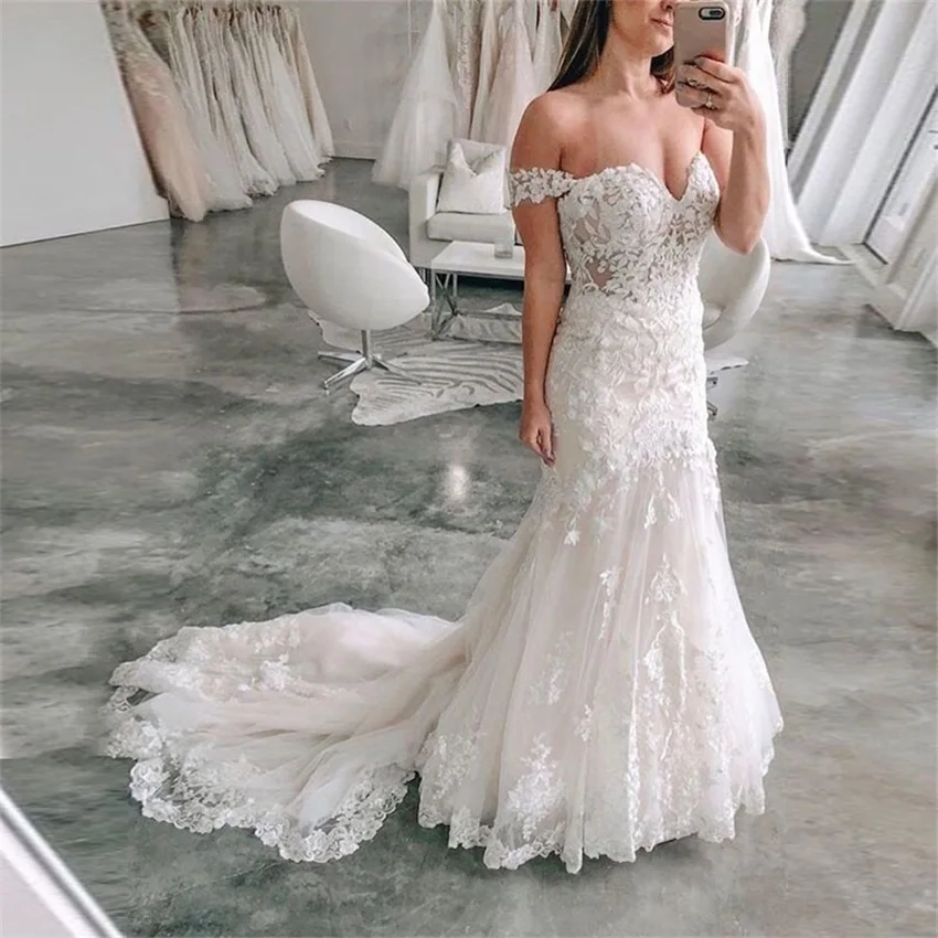 

Off Shoulder Mermaid Wedding Dresses Illusion Bodice Appliques Robe De Mariee Elegant Bridal Dress Court Train Vestido De Noiva