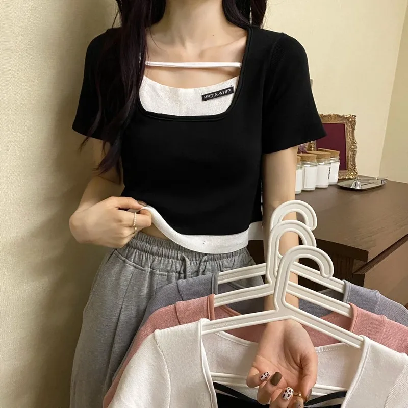 Women Short Sleeve Tank Top Fake Two Short-Sleeved T-shirt Knitted Bottom Solid Slim Bodycon T-Shirt Basic Casual Female Tanks