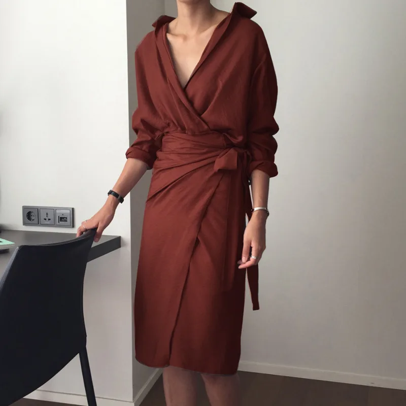 

New Autumn Irregular Bag Hip Tie Dress V-neck Long Sleeve Pure Color Dress