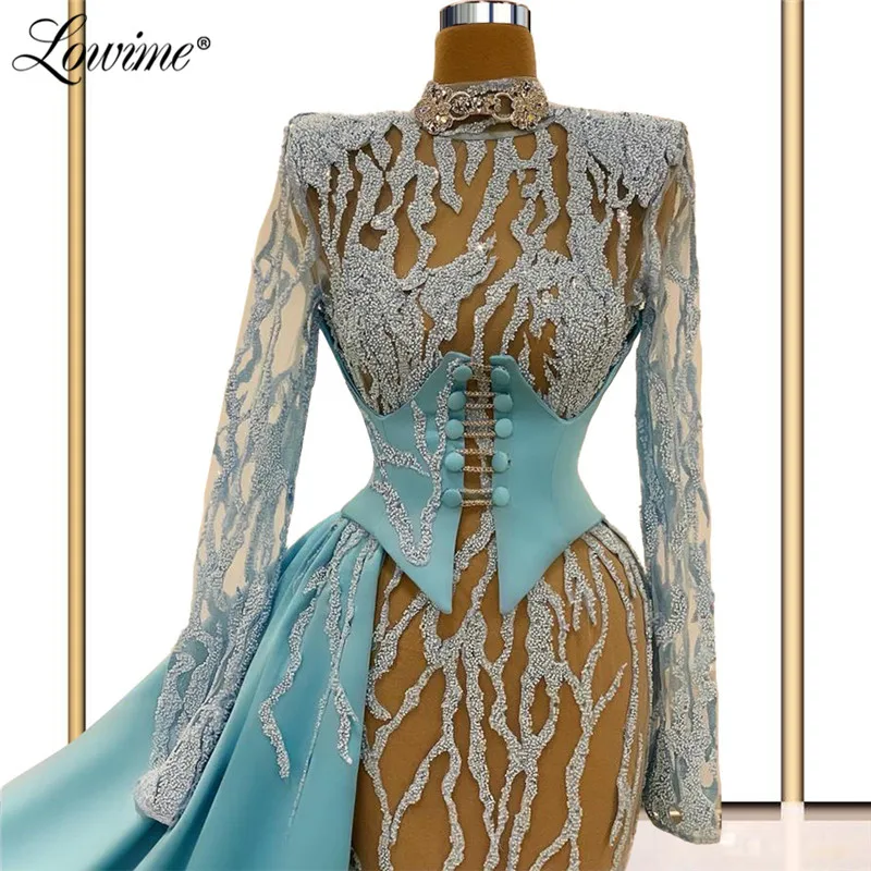 Lowime Luxury Robes Beading Dubai Evening Dresses 2021 Couture Long Sleeves Customized Party Gowns Arabic Illusion Prom Dresses