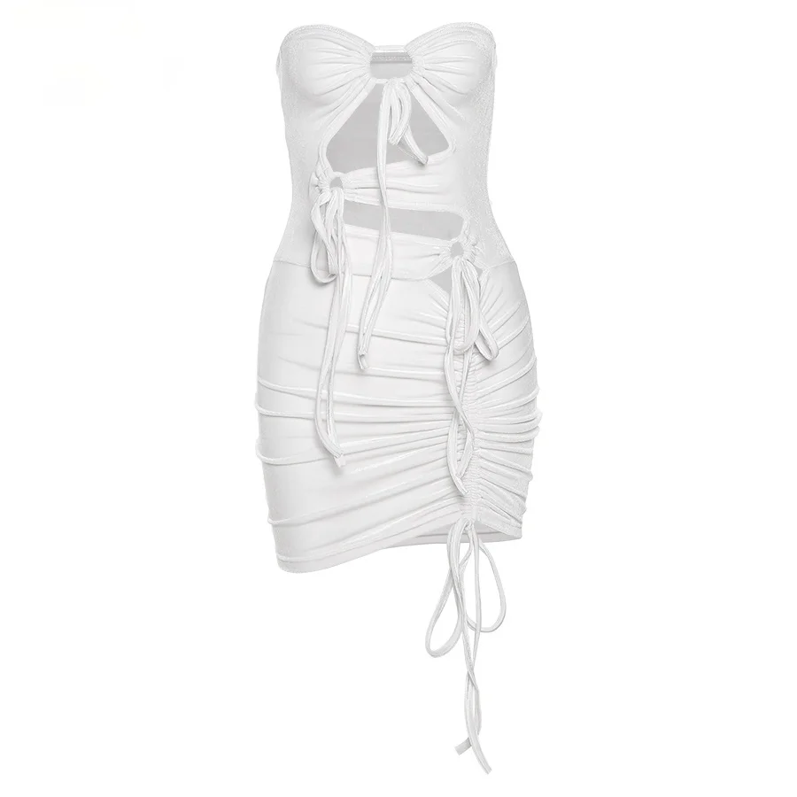 

White Hollow Out Bow Drawstring Sexy Women Mini Dress 2021 Fashion Summer Sleeveless Wrapping Clubwear Female Bodycon Mall Goth