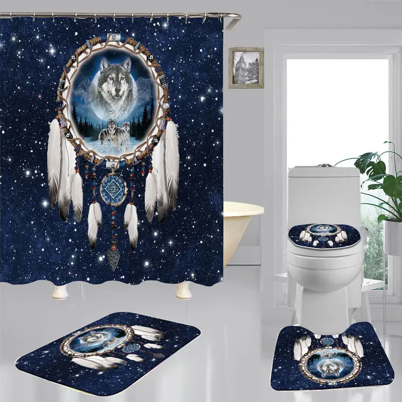 

Blue Galaxy Dreamcatcher Wolf Flannel Bath Mat Toilet Cover Rugs Fabric Shower Curtain With 12 Hooks Home Bathroom Decor Set
