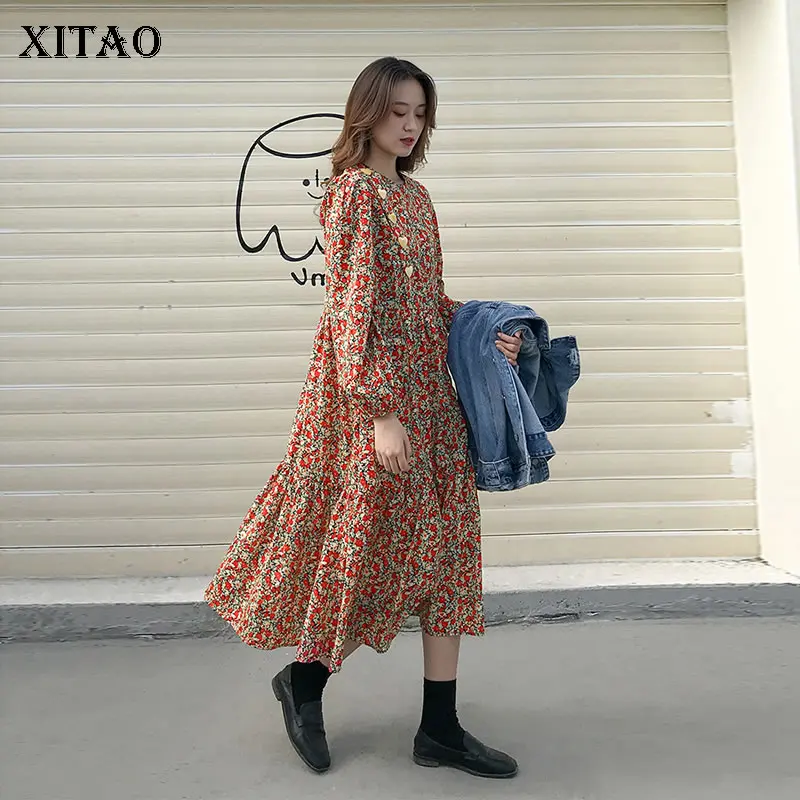 Платье с принтом XITAO длинным рукавом оборками в стиле пэчворк на весну 2020 DMY2824 |