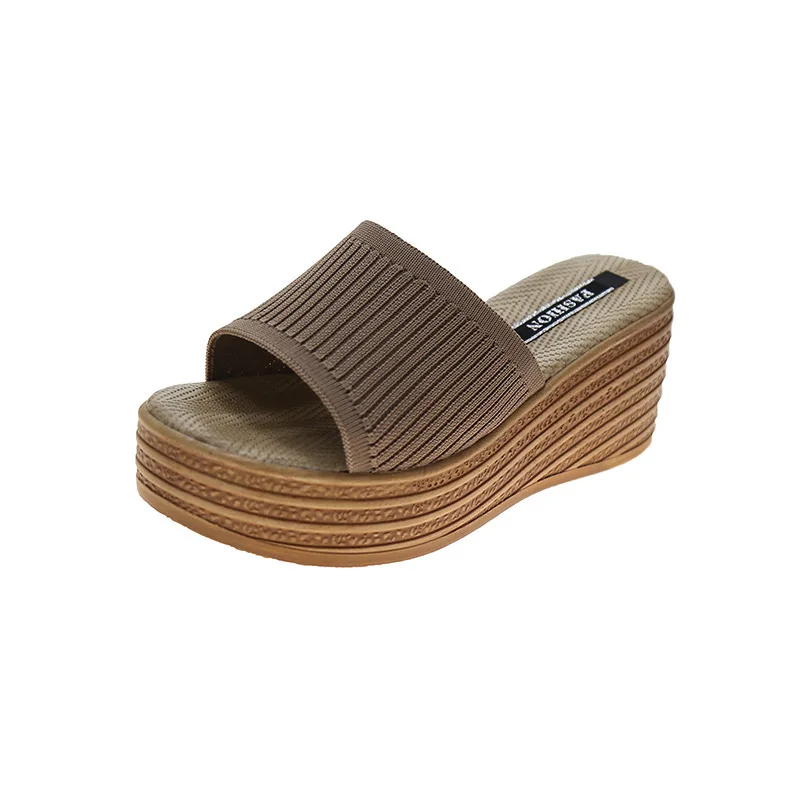 

High-Heeled Shoes Lady On A Wedge Woman's Slippers Big Size Med Slides Fashion Platform 2021 Luxury Hemp Cotton Fabric Rubber