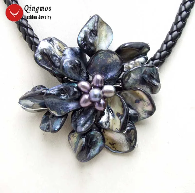 Qingmos 70mm Flower Black Shell Pendant Necklace for Women with Natural Pearl and 6mm Leather Rope 18'' Chokers | Украшения и