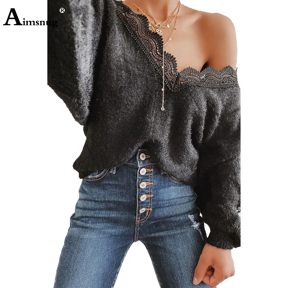 

Patchwork Lace Sweater Women Autumn 2021 Leisure Casual Long Sleeve V-neck Pullovers Knitted Sweaters Femme Winter Warm Clothes