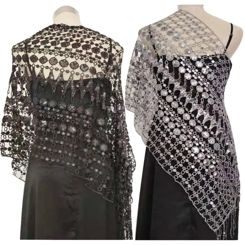 

180x55cm Womens Vintage Croceht Hollow Out Sacrf Wraps Fringed Tassels Wedding Cape Glitter Sequins Banquet Evening Party Shawl