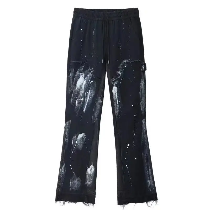 ICCLEK High Street Washed Jeans Distressed Stitching Jeans Men's Straight Loose Pants Baggy Jeans  Straight Leg Jeans