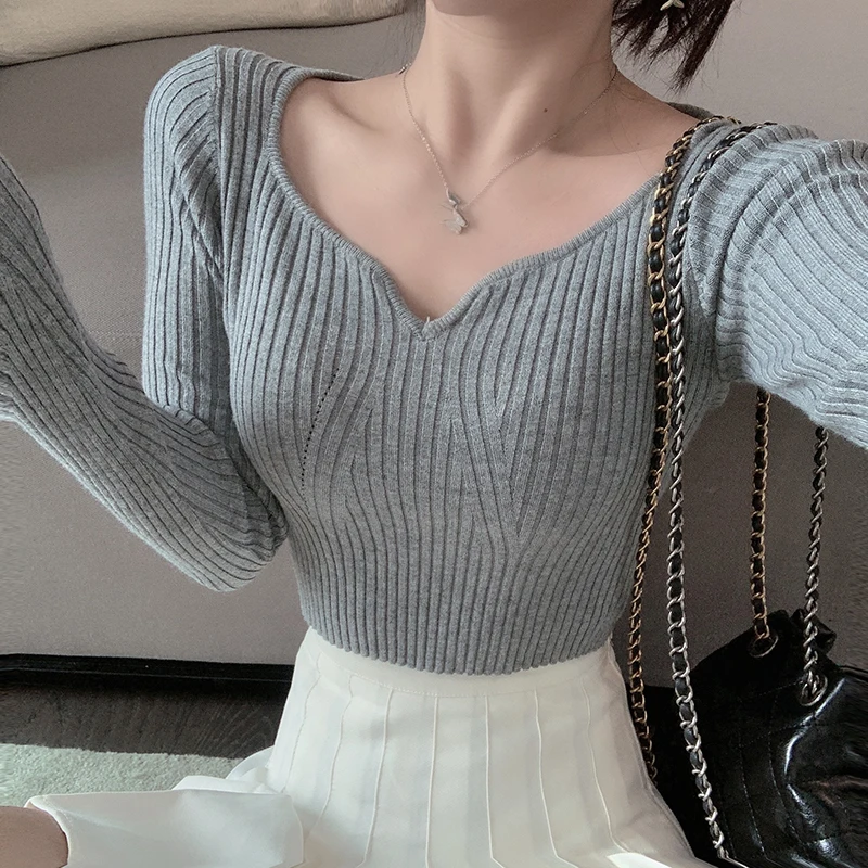 

Spring New Skinny Slimming Short Midriff-Baring Top Western Sexy French Style V-neck Knitted Bottoming Shirt Women's Inner