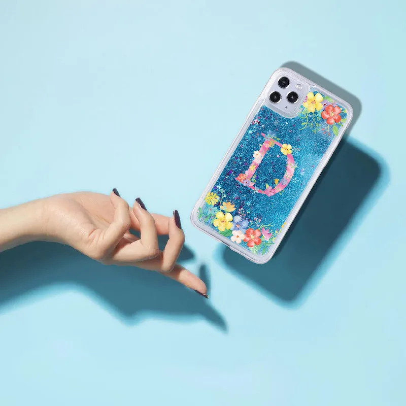 

Custom Initials name A to Z Flower Sparkle Liquid Real Glitter Phone Case Cover for iPhone 12 11 X XS XR Max Pro 7 8 8Plus 6