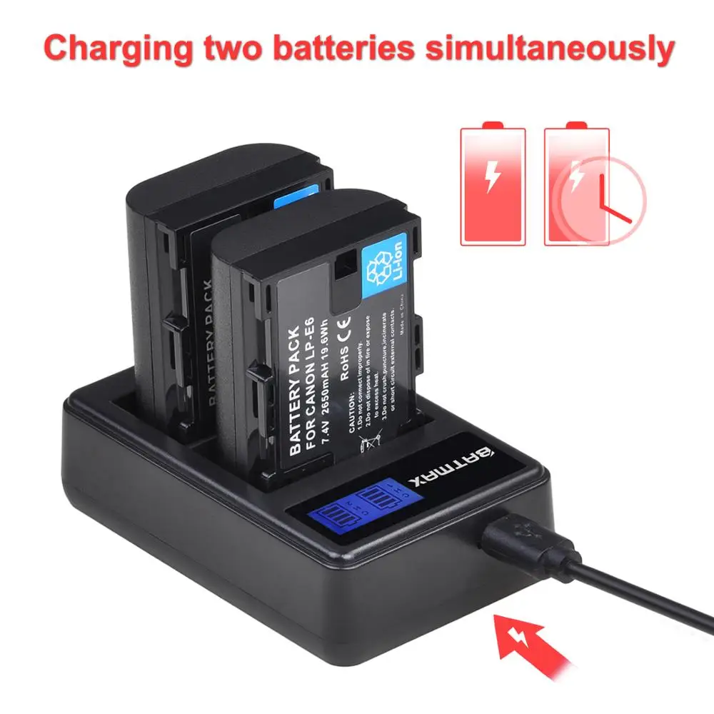 

Batmax 2650mAh LP-E6 LPE6 E6 Battery+ LCD Dual USB Charger for Canon EOS 5DS R 5D Mark II 5D Mark III 6D 7D 80D 90D EOS 5DS R