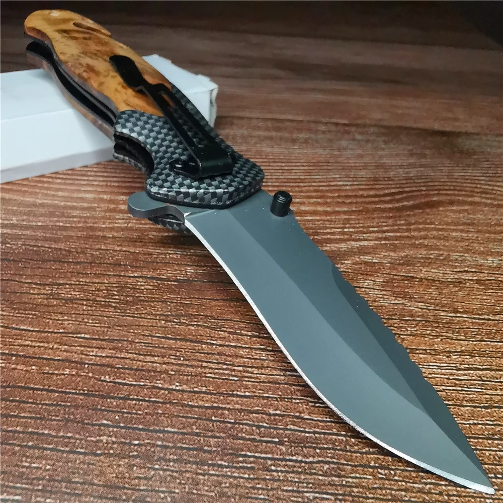 206мм Складной нож с быстрым открыванием лезвия из 9CR18MOV, рукоятка из дерева, тактический выживания ножи для охоты, кемпинга и многофункционального использования на открытом воздухе.
