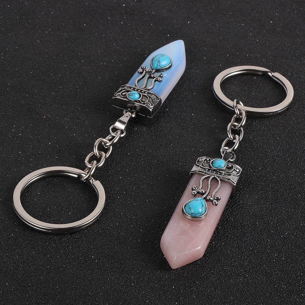 Брелок для ключей с натуральным драгоценным камнем гексагональный Конусный