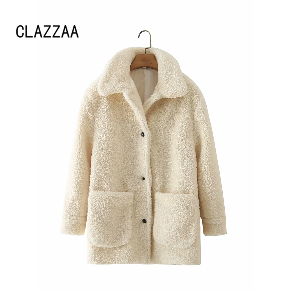 

Куртка Clazzaa женская из искусственной овчины, модный однобортный повседневный жакет с длинными рукавами, воротником с лацканами и передними ...