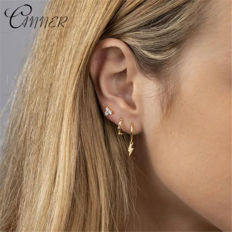

CANNER Punk Women's Earrings 925 Sterling Silver Lightning Pendant Hoop Earrings Small Crystal Hoops Hanging Earrings Korean