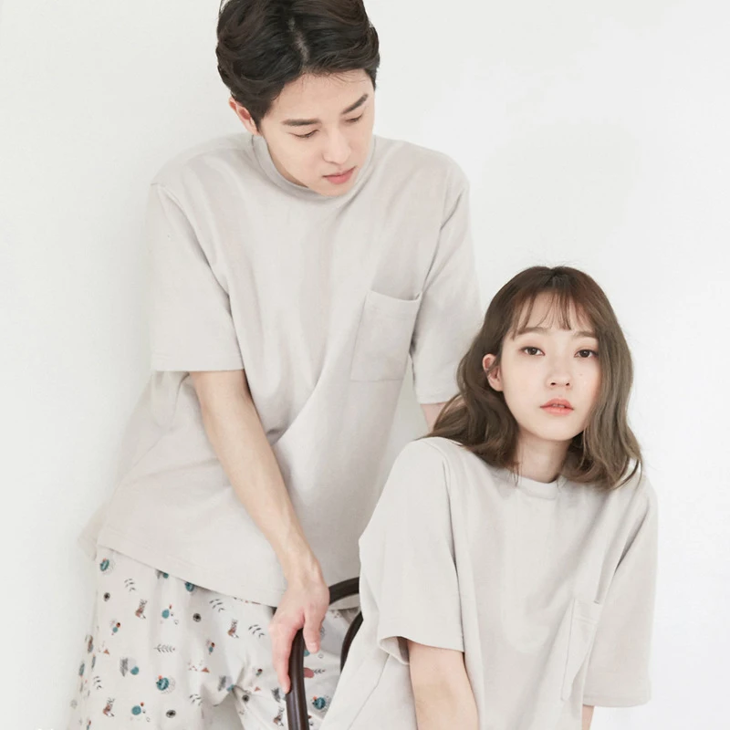 2019 Пижамный костюм для влюбленных хлопковая одежда сна с короткими рукавами и