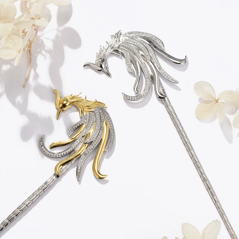 Палочки для волос с Фениксом из серебра 925 пробы Китайская Этническая бижутерия